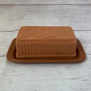 Vintage Terracotta Butter Dish Floral Textured Lid by American Container Co.